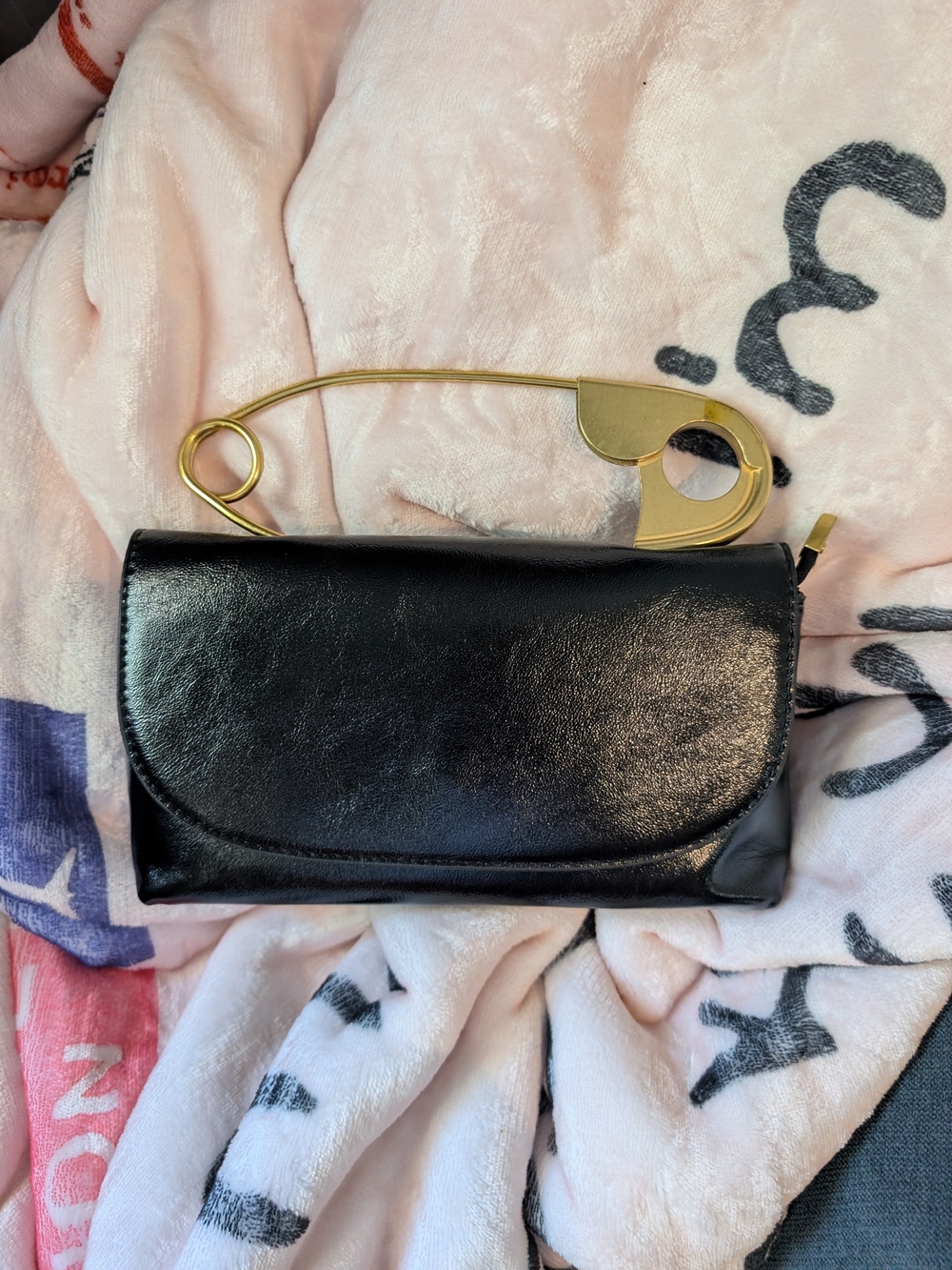 Black Leather Clutch with Gold Safety-Pin Accent